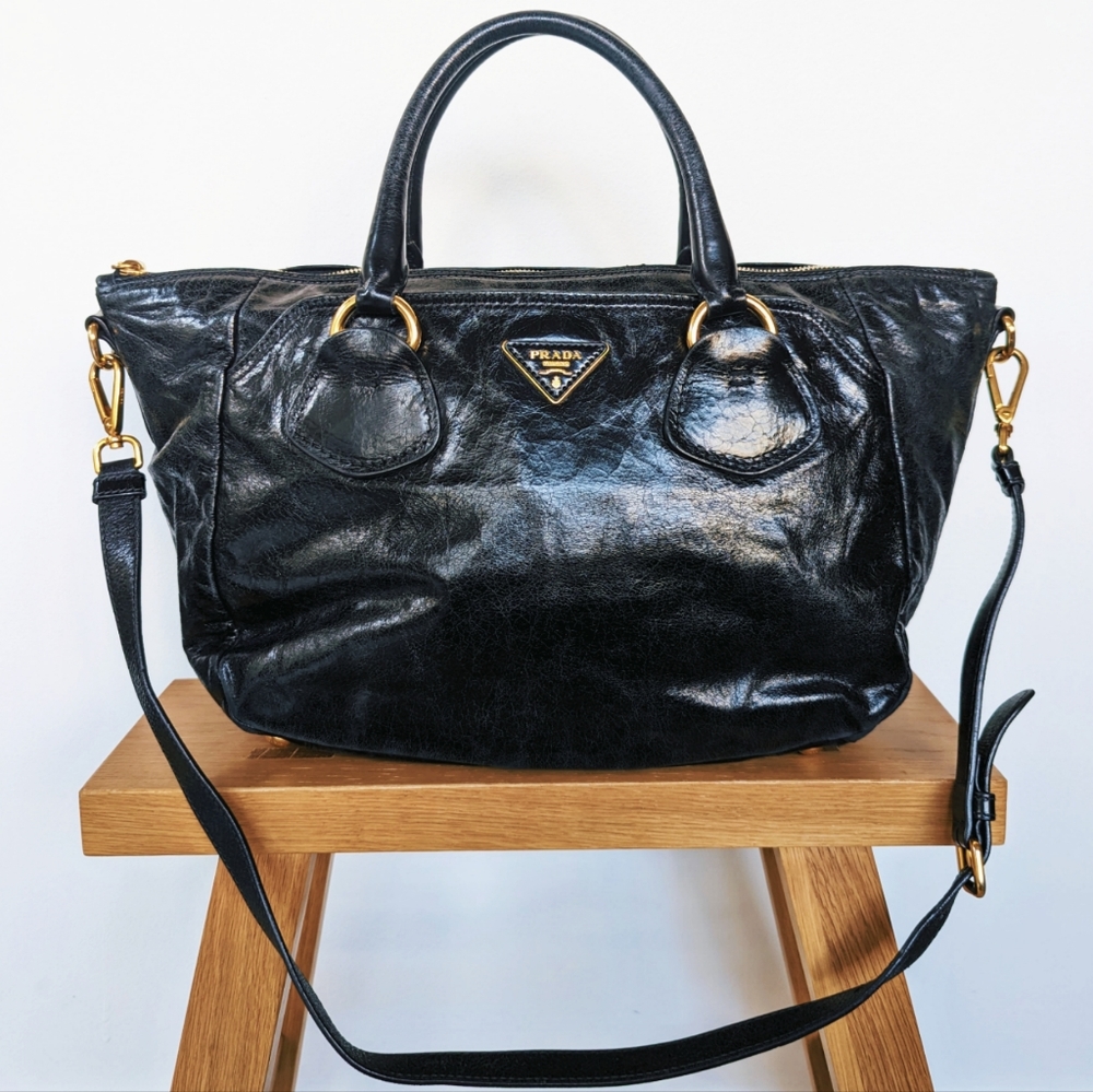 Prada Bauletto Vitello Shine Tote Black